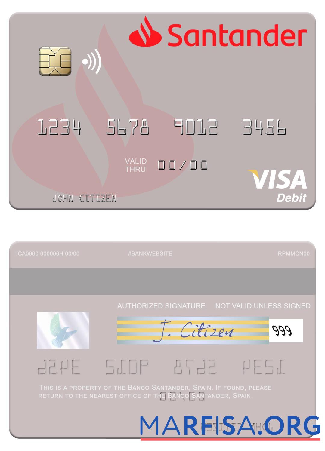 Printable Spain Banco Santander visa debit card template